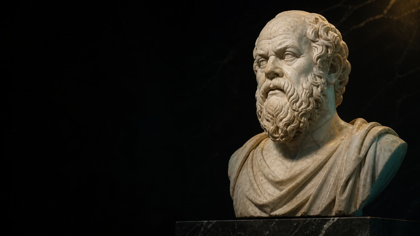 A stoic marble bust of Socrates in dramatic light